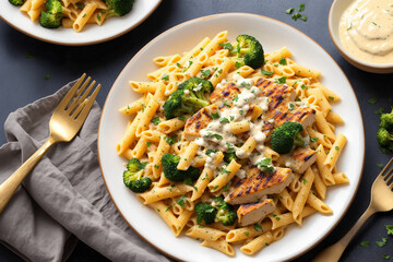 dish of pasta with creamy cheese sauce, served with crunchy broccoli and grilled chicken pieces. Generative AI