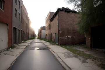 Generate an image of a dead-end alley with an abandoned car in the middle, with flat tires and broken windows. Generative AI