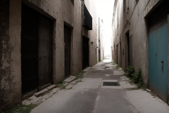 dead-end alley with a heavy iron door at the end, as if it were an abandoned prison. Generative AI