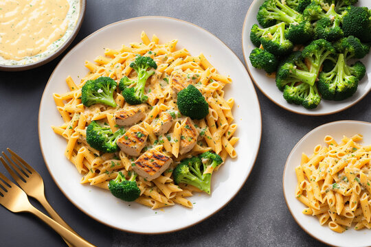 dish of pasta with creamy cheese sauce, served with crunchy broccoli and grilled chicken pieces. Generative AI