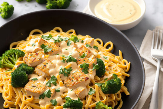 dish of pasta with creamy cheese sauce, served with crunchy broccoli and grilled chicken pieces. Generative AI