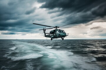 helicopter flying over a vast blue ocean. Generative AI