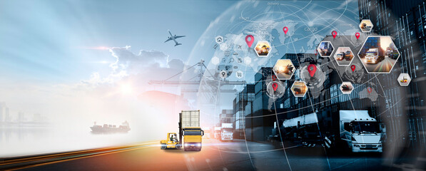 World map with logistic network distribution on background. Logistic and transport concept in front Logistics Industrial Container Cargo freight ship for Concept of fast or instant shipping