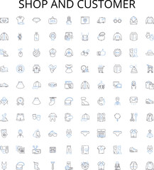 Shop and customer outline icons collection. Shop, Customer, Shopping, Buyer, Store, Purchaser, Retail vector illustration set. Buy, Merchant, Seller linear signs