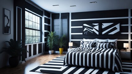 A modern mockup of a bright and spacious bedroom created as a digital illustration with bold colors and clean lines