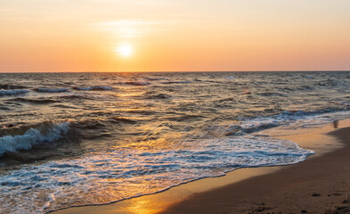 Fototapeta premium Panorama viewpoint landscape travel summer sea wind wave cool on holiday calm coastal big sun set sky light orange golden Nature tropical Beautiful evening hourday At Bang san Beach Chonburi Thailand.