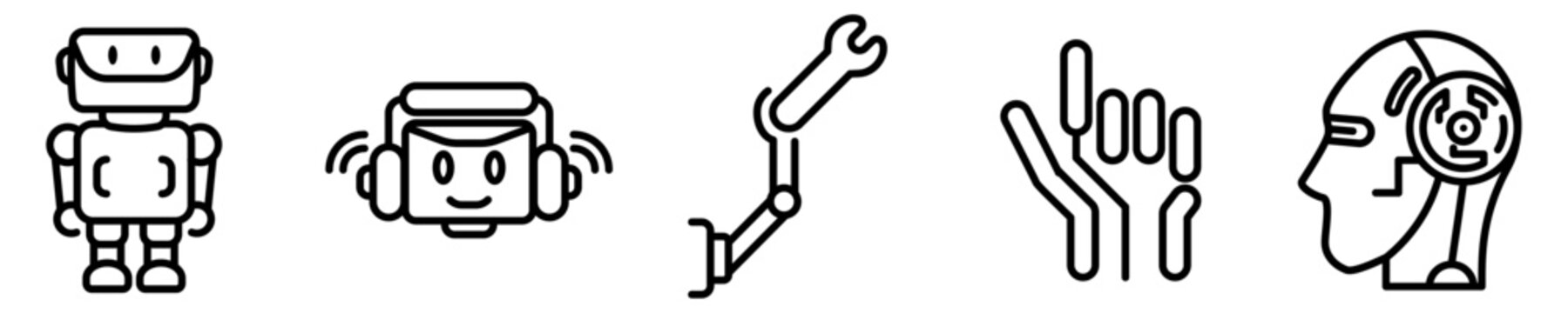 Conjunto de iconos de rob&oacute;tica. Concepto de tecnolog&iacute;a cibern&eacute;tica. Robot, asistente virtual, configuraci&oacute;n tecnol&oacute;gica, ciborg. Ilustraci&oacute;n vectorial