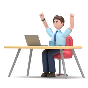 3D Illustration of smiling Asian man Felix with laptop sitting in a chair and throwing his hands up in the air. Cartoon joyful businessman celebrating success, working in office.
