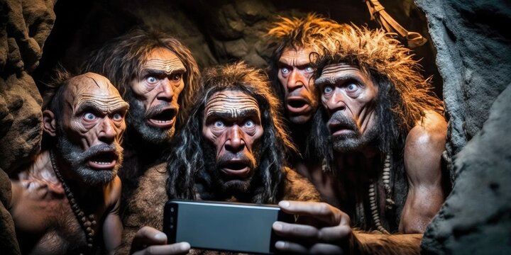 Group of prehistoric human or neanderthal taking selfie picture with mobile phone in funny emotion. superlative generative AI image.