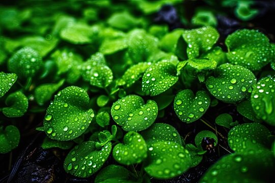 Group Of Lush Green Plants Covered In Dew Drops. Generative AI