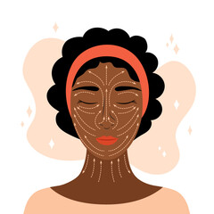 Facial massage lines. Vector illustration. Rules of anti-ageing face massage infographic. Head of beautiful african american woman and dotted arrows. Lifting sculpt techniques