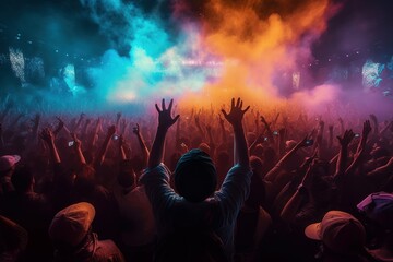 Open air concert, crowd partying stage lights live concert summer music festival. AI generated, human enhanced - obrazy, fototapety, plakaty