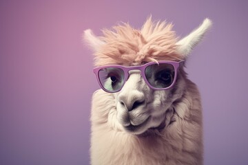 Funny cute alpaca in sunglasses with happy emotion. AI generated, human enhanced