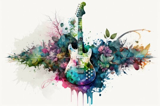 Abstract surreal guitar drawing, music lover concept. AI generated, human enhanced