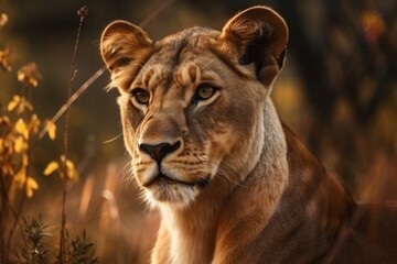 Fototapeta na wymiar Beautiful lioness in nature in a natural habitat. AI generated, human enhanced