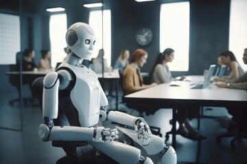 Robot working at computer among people. AI generated, human enhanced