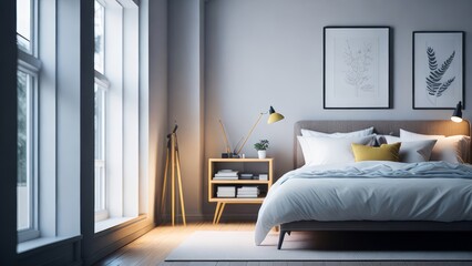 A modern mockup of a bright, spacious bedroom, rendered as a digital illustration