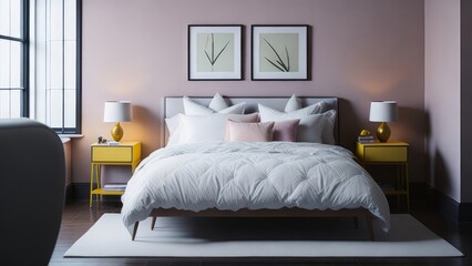 A modern mockup of a bright, spacious bedroom, rendered as a digital illustration