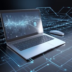 A futuristic laptop over a desk, analytical data