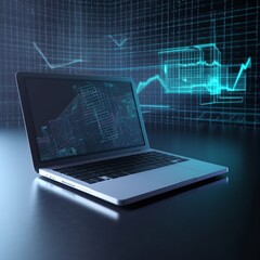 A futuristic laptop over a desk, analytical data