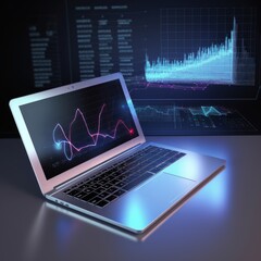 A futuristic laptop over a desk, analytical data