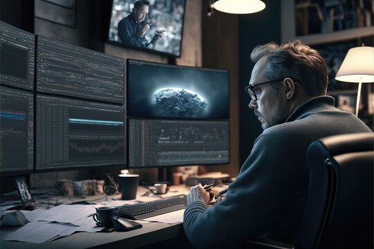 Film editor or sound engineer working on his desk with computer in home office with multi screens which displays footage. Content creator making video concept. Superb Generative AI.
