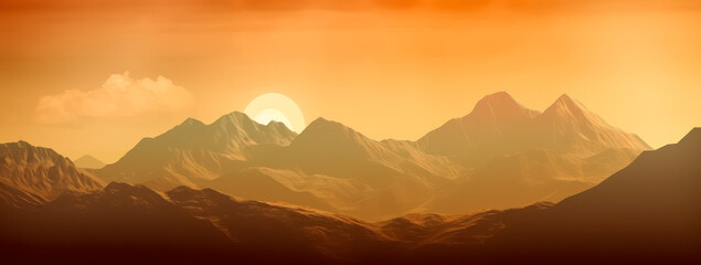 Fototapeta na wymiar The sun rises over mountains at sunrise. Generative Ai.