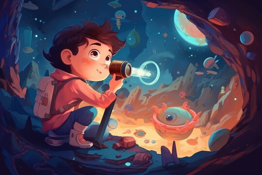 Cartoon kid space explorer. painting art for artist creativity and inspiration, generative AI