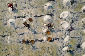 Aerial view of worker harvesting salt in salt field at Ban Laem-Thailand	