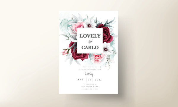 Wedding invitation card template with beautiful floral and leaves. modern maroon pink color