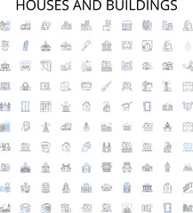 Houses and buildings outline icons collection. Homes, Dwellings, Abodes, Structures, Edifices, Mansions, Abbeys vector illustration set. Castles, Estates, Towers linear signs