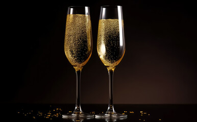 champagne flutes with sparkling confetti, bright backgrounds, light black and gold. Generative Ai.
