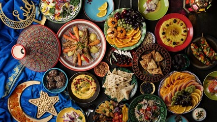 Obraz premium Ramadan halal food. Eid table setting top view. Hummus, Moroccan traditional cuisine. Authentic local homemade traditional meals