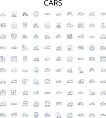 Cars outline icons collection. Vehicle, Automobile, Motor, Auto, Sedan, SUV, Truck vector illustration set. Coupe, Van, Crossover linear signs