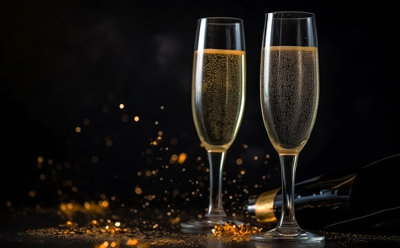 champagne flutes with sparkling confetti, bright backgrounds, light black and gold. Generative Ai.
