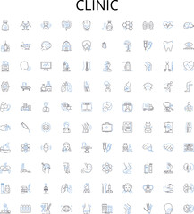 Clinic outline icons collection. Clinic, Medical, Healthcare, Therapy, Doctor, Diagnosis, Treatment vector illustration set. Care, Nurse, Emergency linear signs