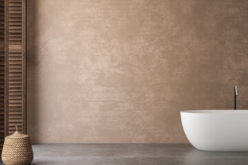 A serene bathroom with beige walls and concrete flooring. Natural light floods in from the side, illuminating a white bathtub and a basket. A perfect combination of minimalism and warmth.3d rendering
