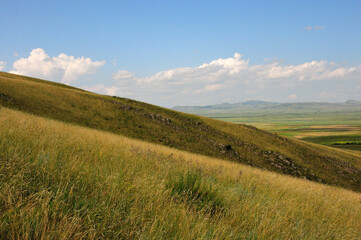 Straight rows of stone formations running along the slopes of a high hill covered with tall yellowed grass.