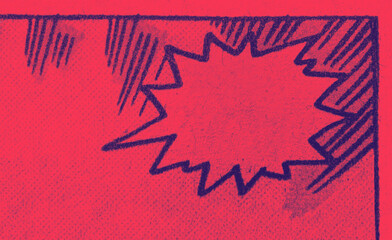 Fototapeta na wymiar Vintage comic book panel with an empty text bubble and dot printing pattern with red and blue color effect