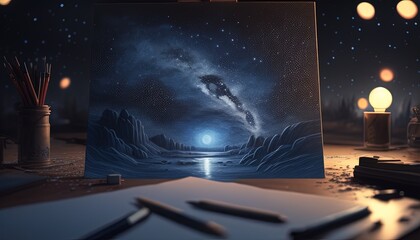 painting starry night sky, digital art illustration, Generative AI