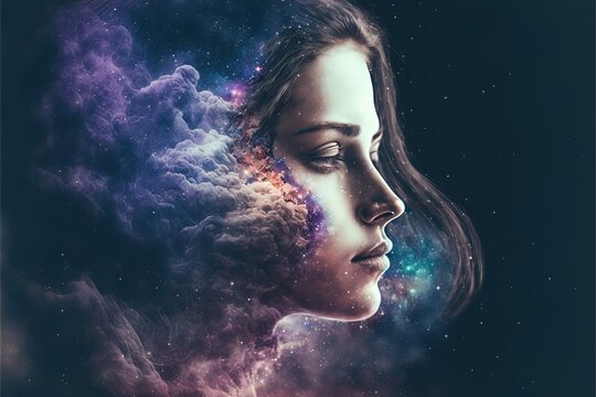 Universe and galaxy inside woman brain portrait double exposure, bright stars of milky way as metaphor concept for sense of human mind. Meditative and mental ability abstract art. Superb Generative AI