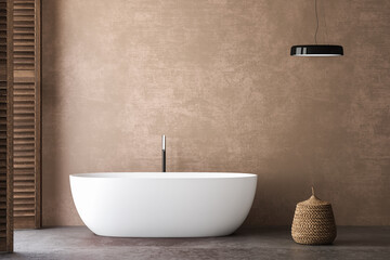 Fototapeta na wymiar A serene bathroom with beige walls and concrete flooring. Natural light floods in from the side, illuminating a white bathtub and a basket. A perfect combination of minimalism and warmth.3d rendering