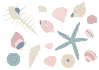 柔らかい色合いのいろいろな貝のイラスト