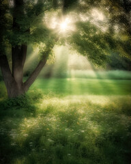 Sunlight shines through the grassy field, in the style of fairy tales. Generative Ai.