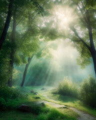 Obraz premium Sunlight shines through the grassy field, in the style of fairy tales. Generative Ai.