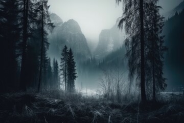 Fototapeta na wymiar misty forest with a mountainous landscape in the distance. Generative AI