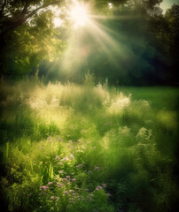 Sunlight shines through the grassy field, in the style of fairy tales. Generative Ai.