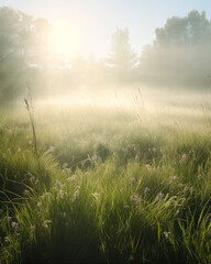 Sunlight shines through the grassy field, in the style of fairy tales. Generative Ai.