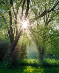 Fototapeta na wymiar Sunlight shines through the grassy field, in the style of fairy tales. Generative Ai.