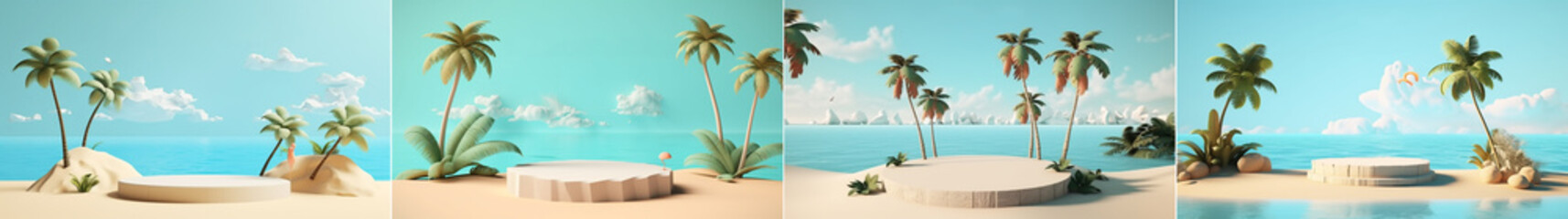 Fototapeta na wymiar summer background template composition with cute podium stage palm trees and beach objects. 
